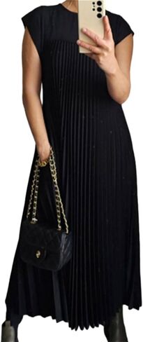 Womens Summer Cap Short Sleeve Maxi Dress 2024 Pleated Casual Loose Long Dresses with Pockets in Saudi Arabia