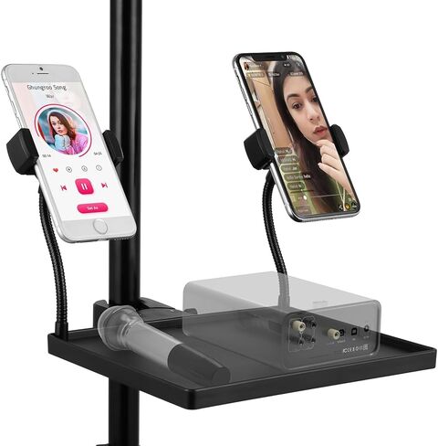 صينية حامل ميكروفون 2 في 1 مع حاملين للهاتف، رف حامل ميكروفون مثبت على حامل قابل للتعديل لحفلات الاستوديو والكاريوكي والحفلات (8.97 بوصة × 6.1 بوصة) in Kuwait