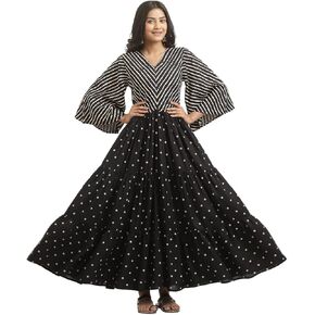 Rustorange Women's Viscose Bandhani & Stone Printed Tiered Dress with Flared Sleeves