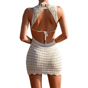 GORGLITTER Women's Crochet Beach Cover Up Dress Hollow Out Tie Backless Sleeveless Swimsuit Coverups