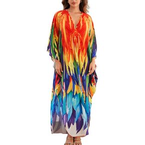 FEOYA Kaftan Cover Up Beach Dresses Ethnic Printed Oversized Baggy Maxi Caftan Swimwear for Women Woven Knot
