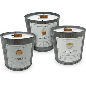 مجموعة شموع القهوة من Dough Bowl Candle Co. مجموعة مكونة من 3 شموع فتيل خشبية تتشقق، مجموعة من القصدير المعدني المموج في فانيليا لاتيه، قهوة البندق، كراميل ماكياتو، 100% شمع الصويا، حرق لمدة 80 ساعة