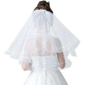 New White Flower Girls Lace Silver Lined Edge Short Bridal Wedding Veil