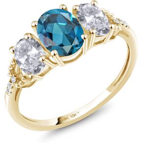 Gem Stone King 10K Yellow Gold London Blue Topaz White Topaz and Diamond Accent Engagement Ring For Women (2.22 Cttw, Oval Gemstone Birthstone, Available in size 5, 6, 7, 8, 9)