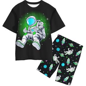 Boys Dinosaur Short Set Luminous Boys Gifts Reflective 2PCS Astronaut Summer Clothing Pant Sets for Kids 4-12 Years