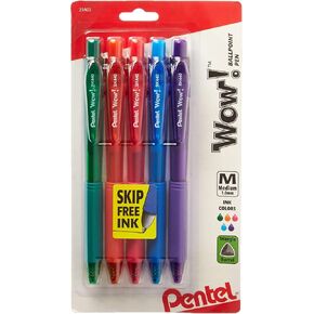 Pentel WOW! Colors Retractable Ballpoint Pens, Medium Line, Assorted Ink, 5 Pack (BK440CRBP5M)