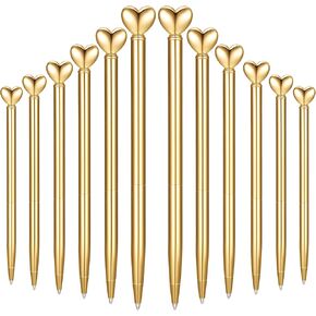 Chinco 12 Pieces Heart Shaped Pens Black Ink Retractable Metal Decorative Cute Pens for Women Girl Heart Writing Ballpoint Pens for Wedding Baby Shower Birthday Gifts School(Gold)