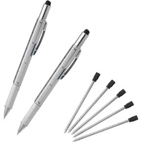 Multifunction Tool Pen, 6 in 1 Tool with Ballpoint Pen, Touch Screen Stylus, Ruler, Spirit Level, Flat-head and Phillips Screwdriver, All-in-One Tech-Tool Pen with Ink Refills (2×Silver + 5×Refills)