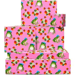 CENTRAL 23 - Pink Wrapping Paper - 6 Birthday Gift Wrap Sheets - For Women Girls Female - Frogs and Strawberries - Recyclable