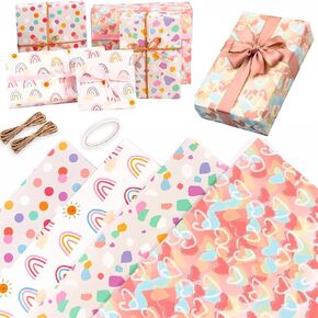 Viadom Gift Wrapping Paper, Birthday Wrapping Paper for Girl w/Gift Tags, Rainbow Polka Dots Heart Gift Wraps for Birthday, Valentines Day, Christmas, Wedding, Baby Shower, 4 Sheets 27.5x19.6inch