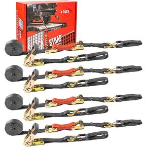 Ratchet Strap Tie-Down, 1" x10' Shock Absorbing Heavy Duty Tie-Down, 500 LB WLL, Made in USA, Constant Tension, 4 Pack