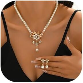 Pearl Flower Necklace Earrings Set Rhinestone Flower Jewelry Elegant Pendant Statement Neaklace and Earrings for Women Wedding Prom Ball Jewelry
