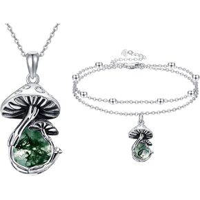 YAFEINI Mushroom Necklace and Bracelet Sterling Silver Moss Agate Mushroom Jewelry Set Gifts for Women