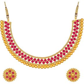 Aheli Ethnic Wedding Party Wear Gold Tone Faux Stone Studded Necklace with Stud Earrings Set Indian Bollywood Fashion Jewelry for Women