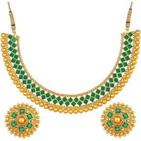 Aheli Ethnic Wedding Party Wear Gold Tone Faux Stone Studded Necklace with Stud Earrings Set Indian Bollywood Fashion Jewelry for Women in Saudi Arabia