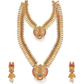 Bodha Tradtional Indian Handcrafted Antique Gold Plated Temple Jewellery Combo Bridal Dulhan Necklace Set With Matching Earring & Pearls For Women (SJ_2944)