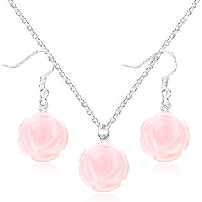 Hand Carved Rose Flower Pendant Necklace Earrings Floral Jewelry Set, Natural Pink Rose Quartz Crystal, Stainless Steel, Healing Stone Jewelry for Women with 18 Inch + 2 Inch Extender Chain