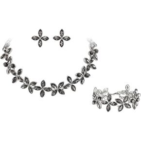 BriLove Gorgeous Stunning Crystal Leaf Marquise Cluster Choker Necklace Stud Earrings Link Bracelet Jewelry Set for Women Bride Bridesmaid
