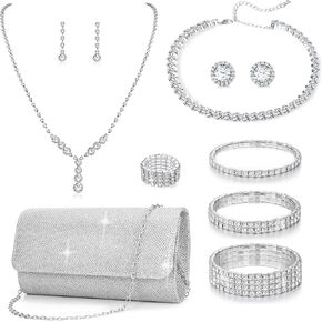 11 قطعة محفظة فضية من الكريستال قلادة وأقراط مجموعة مجوهرات للنساء العروس وحفلات الزفاف المسائية والتنس أساور قابلة للتمدد خاتم فضي من حجر الراين إكسسوارات مجوهرات لامعة للحفلات المسائية in Kuwait