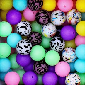 15mm Silicone Beads 65 Pieces Luminous Color Round Silicone Beads Glow in The Dark Silicone Beads for Keychain Making Leopard Print Beads for Jewelry Necklace Home Decor DIY Crafts Making