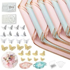 40 Sheets Flower Wrapping Paper Bouquet Wrapping Paper Waterproof with 24PCS 3D Gold Butterfly Decor,50 pearl pins and 50 Yards Satin Ribbon for Wedding DIY Craft Mother's Day Birthday Party(2 Colors)