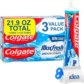 Colgate-Max Fresh Toothpaste with Mini Breath Strips, Cool Mint - 3 Large Tubes of 7.3 oz (Total 21.9 oz) Fights Cavities, Whitens Teeth, Long-Lasting Freshness Bonus Idea Shop USA Toothpaste Squeezer