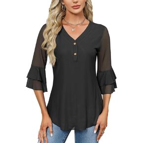 Rapbin Women Dressy Blouse 3/4 Sleeve Tiered Bell Sleeve Double Layers Mesh Shirt Trendy Flowy Tunic
