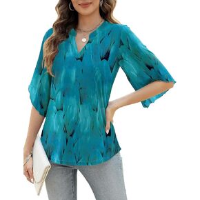 LUYAA Women's 3/4 Sleeve Blouses Tops V Neck Casual Dressy Double Layers Mesh Loose Fit Tunic Shirts
