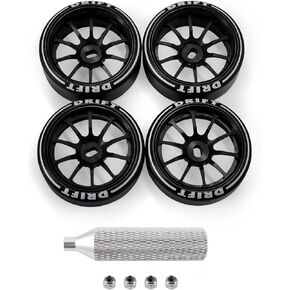 10 Spoke Rc Drift Wheels &Tires for 1/24 1/28 Wltoys, [2N+2W] 4 Pcs Aluminum Alloy Rims with Rc Drift Car Tires for 1/24 1/28 Mini-Q HGD1 HGV1 Upgrade Parts (Gold with Logo Tires)