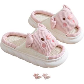 Pig Slippers Adult Cute Cartoon Little Pigs Slippers for Women Slides Sandals Linen Four Seasons Slippers Open Toe Home Indoor Slippers House Shoes Outdoor Beach Slippers Couples Summer Slippers