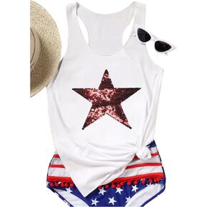 JINTING American Flag Star Tank Tops Women Sequin USA Stars Patriotic Sleeveless T Shirt Memorial Day Muscle Tees Shirt