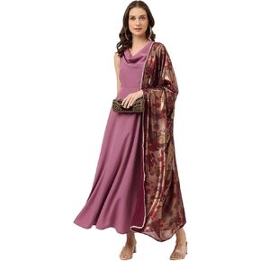 Women's Lavender Poly Crepe Flared Kurta with Dupatta