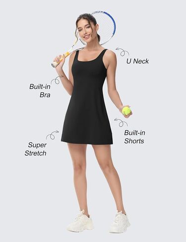 BEGOING Tennis Dress for Women Square Neck Workout Dress with Shorts and Removable Exercise Bra Golf 2 in1 Active Dresses in Saudi Arabia