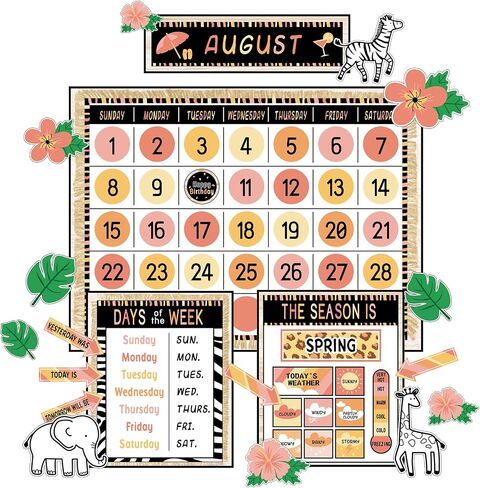 Safari Jungle Animal Calendar Bulletin Board Set Simply CTP Bulletin Board Calendar Seasons Weather Chart Animal Classroom Decoration with Season, Weather and Days of the Week Chart Back to School in Saudi Arabia