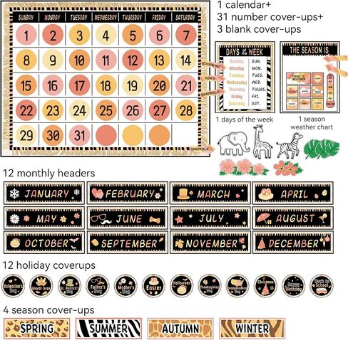 Safari Jungle Animal Calendar Bulletin Board Set Simply CTP Bulletin Board Calendar Seasons Weather Chart Animal Classroom Decoration with Season, Weather and Days of the Week Chart Back to School in Saudi Arabia