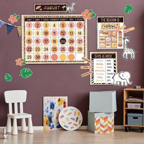 Safari Jungle Animal Calendar Bulletin Board Set Simply CTP Bulletin Board Calendar Seasons Weather Chart Animal Classroom Decoration with Season, Weather and Days of the Week Chart Back to School in Saudi Arabia