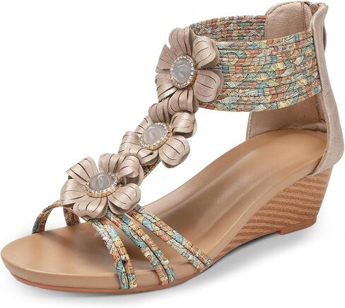 صنادل WOJWSKI بكعب عريض للنساء بوهيميا زهرة مفتوحة من الأمام منصة مصارع كعب عالٍ روماني كاجوال صيفي أنيق للشاطئ صنادل نسائية in Kuwait