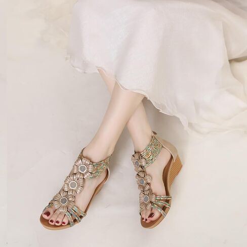 صنادل WOJWSKI بكعب عريض للنساء بوهيميا زهرة مفتوحة من الأمام منصة مصارع كعب عالٍ روماني كاجوال صيفي أنيق للشاطئ صنادل نسائية in Kuwait