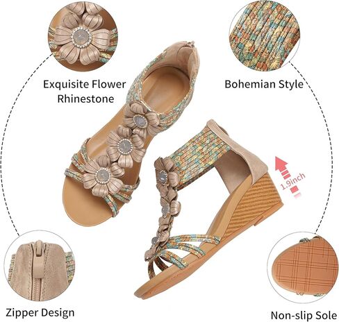 صنادل WOJWSKI بكعب عريض للنساء بوهيميا زهرة مفتوحة من الأمام منصة مصارع كعب عالٍ روماني كاجوال صيفي أنيق للشاطئ صنادل نسائية in Kuwait