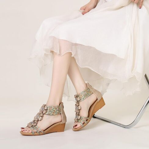 صنادل WOJWSKI بكعب عريض للنساء بوهيميا زهرة مفتوحة من الأمام منصة مصارع كعب عالٍ روماني كاجوال صيفي أنيق للشاطئ صنادل نسائية in Kuwait