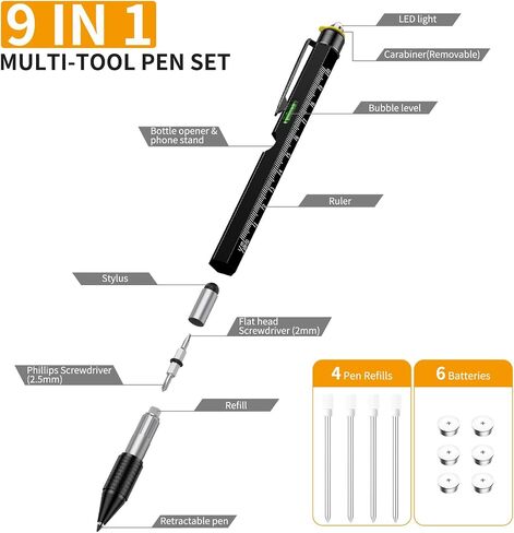 Pen Gifts for Men Women, Huhoo Cool Gadgets Tools Multi Tech Pen for Men, Personalized Gifts for Dad or Him, Funny Gift for Christmas, Father's Day, Valentines or Birthdays (Black-9in1) in Saudi Arabia