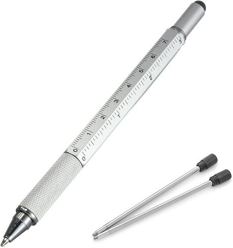 Multifunction Tool Pen, 6 in 1 Tool with Ballpoint Pen, Touch Screen Stylus, Ruler, Spirit Level, Flat-head and Phillips Screwdriver, All-in-One Tech-Tool Pen with Ink Refills (2×Silver + 5×Refills) in Saudi Arabia
