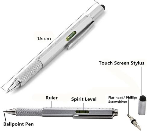 Multifunction Tool Pen, 6 in 1 Tool with Ballpoint Pen, Touch Screen Stylus, Ruler, Spirit Level, Flat-head and Phillips Screwdriver, All-in-One Tech-Tool Pen with Ink Refills (2×Silver + 5×Refills) in Saudi Arabia