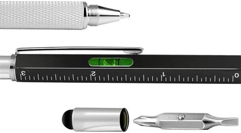 Multifunction Tool Pen, 6 in 1 Tool with Ballpoint Pen, Touch Screen Stylus, Ruler, Spirit Level, Flat-head and Phillips Screwdriver, All-in-One Tech-Tool Pen with Ink Refills (2×Silver + 5×Refills) in Saudi Arabia