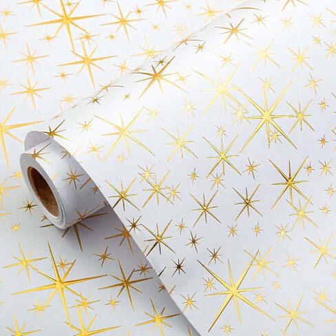 Garbendy Mini Wrapping Paper Roll Embossing 3D White with Gold Foil Star Design for Christmas, Birthday, Wedding, Baby Shower, Bridal Shower, Party-17inch x 32.8ft in Saudi Arabia