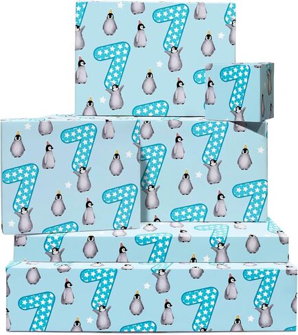 CENTRAL 23 Happy Birthday Wrapping Paper - 7th Birthday - 6 Sheets Blue Gift Wrap - Penguin - Boys Wrapping Paper 7 Year Old - Recyclable in Saudi Arabia