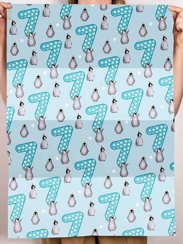 CENTRAL 23 Happy Birthday Wrapping Paper - 7th Birthday - 6 Sheets Blue Gift Wrap - Penguin - Boys Wrapping Paper 7 Year Old - Recyclable in Saudi Arabia
