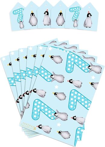 CENTRAL 23 Happy Birthday Wrapping Paper - 7th Birthday - 6 Sheets Blue Gift Wrap - Penguin - Boys Wrapping Paper 7 Year Old - Recyclable in Saudi Arabia
