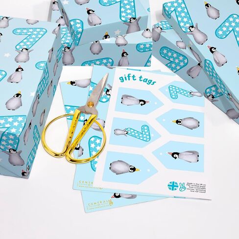CENTRAL 23 Happy Birthday Wrapping Paper - 7th Birthday - 6 Sheets Blue Gift Wrap - Penguin - Boys Wrapping Paper 7 Year Old - Recyclable in Saudi Arabia