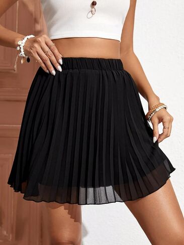 Milumia Women's Casual Chiffon Pleated Skater Short Skirt Elastic Swing Mini Skirts Black X-Small in Saudi Arabia